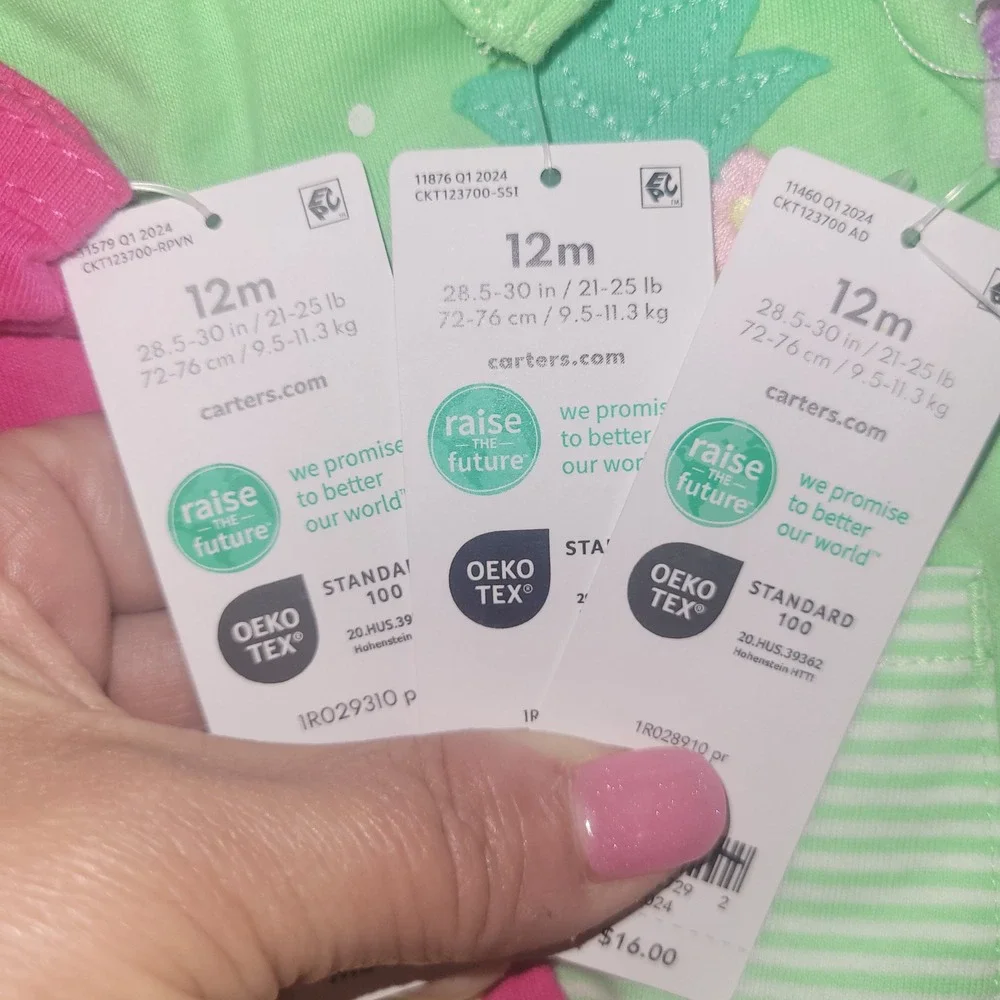 Carters Baby Girl 12M Romper Bundle 3 Pack Pink Green Purple Floral Seahorse NEW